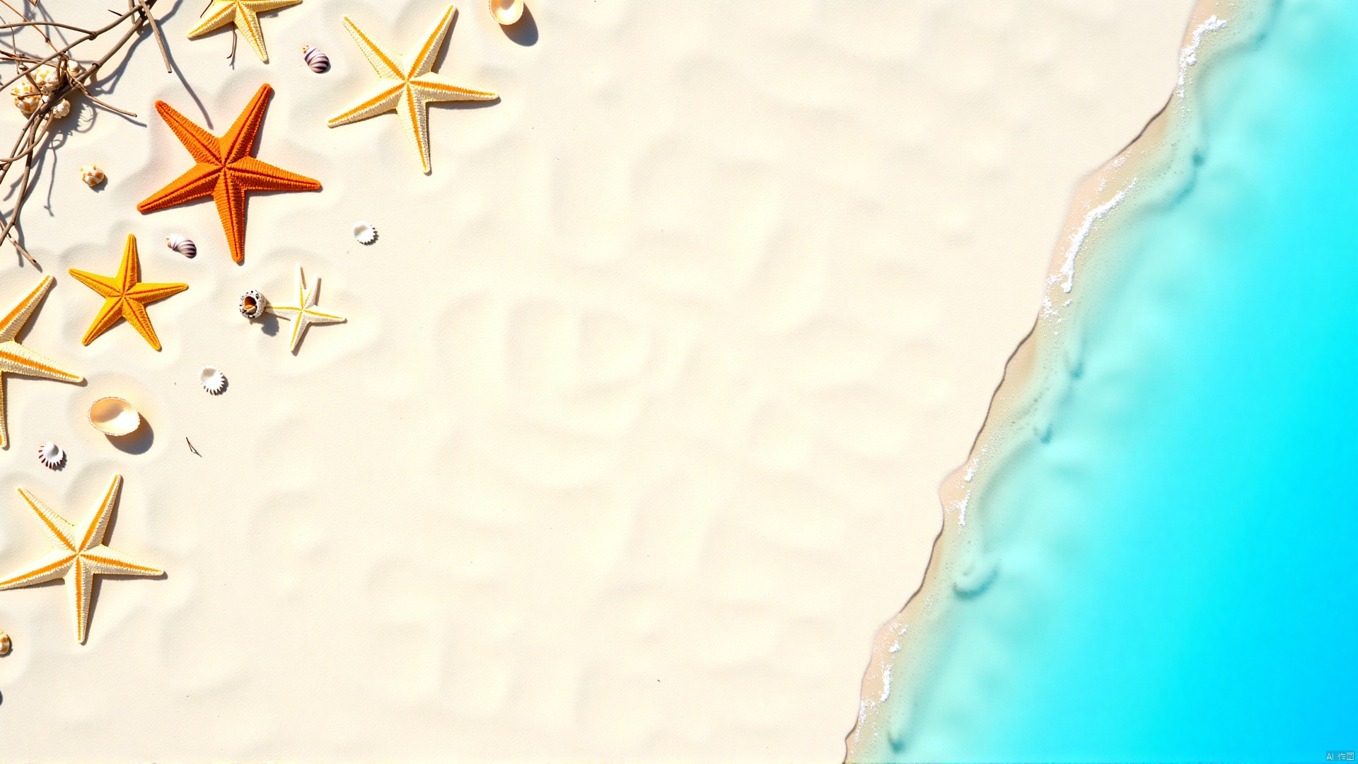 The image is a flat lay of a sandy beach with a blue ocean wave on the right side. On the left side of the image, there are several starfish scattered on the sand. The starfish are of different sizes and colors, including orange, yellow, and white. There are also a few seashells and twigs scattered around the starfish. The sand is light beige in color and has a rough texture. The ocean wave is a bright turquoise color and is visible on the bottom right corner. The image is taken from a top-down perspective, looking down on the beach.