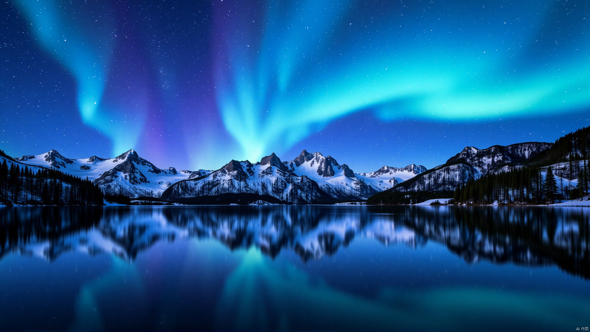 The image is a beautiful landscape of a mountain range with a lake in the foreground. The sky is filled with stars and the aurora borealis, also known as the Northern Lights, is visible in the top right corner of the image. The colors of the sky are a mix of blue, green, and purple, creating a stunning display of light and color. The mountains are covered in snow and the lake is calm and still, reflecting the colors in the water. The reflection of the mountains and the sky creates a mirror-like effect on the water's surface. The overall mood of this image is peaceful and serene, with a sense of awe and wonder at the beauty of nature.