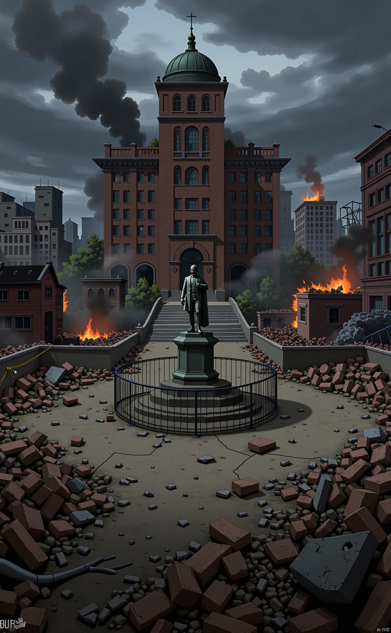 The image is a digital illustration of a post-apocalyptic cityscape. The sky is dark and cloudy,  and the ground is covere...