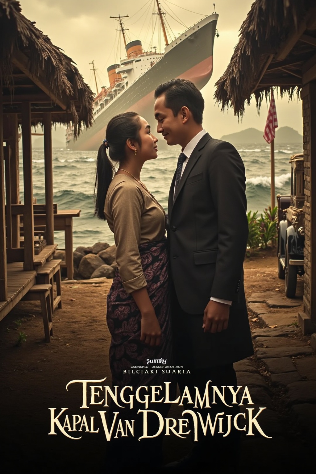 A dramatic and nostalgic film cover for the movie, set in early 20th-century Indonesia. In the center, a young asian woman rumsyah in traditional attire looks affectionately at a man in a classic suit, both conveying a deep sense of love and tragedy. The background features a large ship sinking in turbulent waters, symbolizing the story’s central disaster. Traditional Indonesian architecture and a vintage car appear in the background, creating an authentic historical atmosphere. The title ****"Tenggelamnya Kapal Van Der Wijck"**** is displayed in a vintage, bold font at the bottom, with warm sepia tones enhancing the romantic and dramatic feel.,
