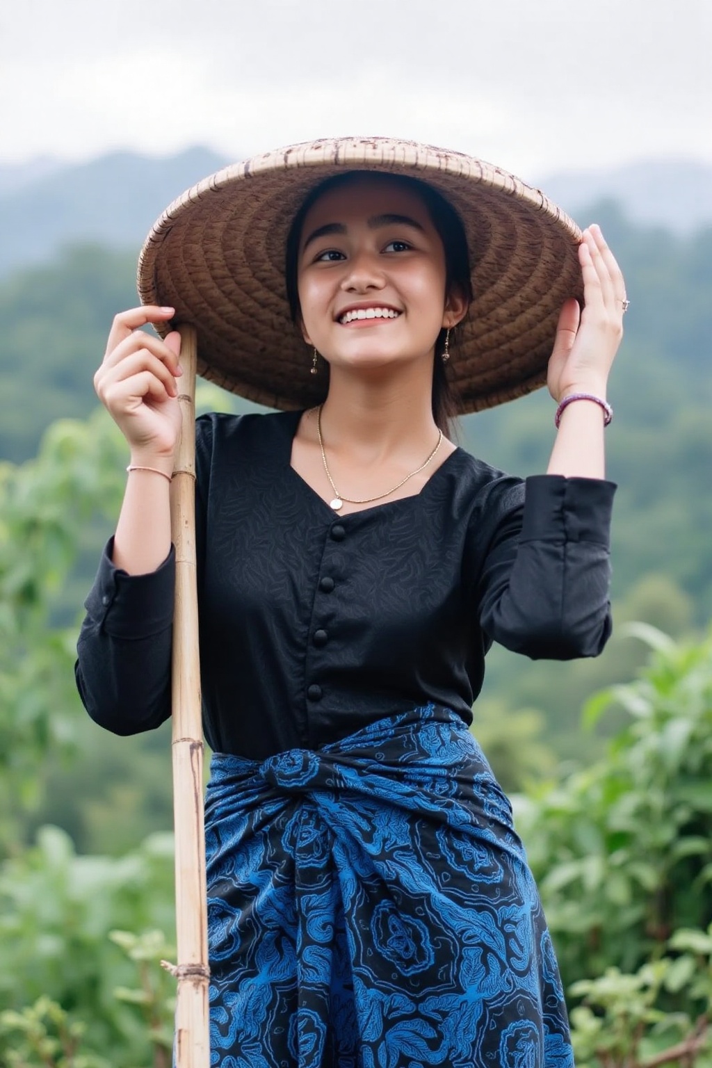 rumsyah, A young asian woman stands with a smile on her face, holding a bamboo stick in her right hand. She is wearing a straw hat, baduy outfit, a black long-sleeved shirt and a blue patterned skirt. Her hair is pulled back in a ponytail, and she's wearing a silver necklace and earrings. Her left hand is raised in the air touch the straw hat, adding a touch of balance to her face. In the background, a lush forest of trees is visible. The sky is a pale blue with a few wispy clouds.,