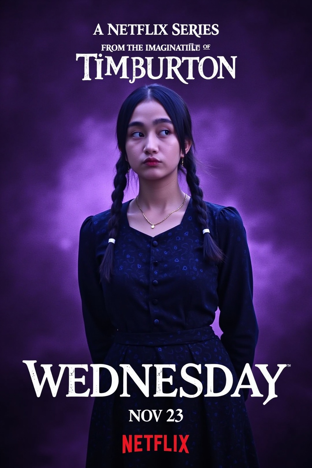 rumsyah, A young woman with pale skin and dark hair styled in two pigtails stands against a wild, purple-hued background. She's rocking a dark dress with white polka dots and a high collar, giving off a vintage, creepy vibe. Her expression is dead serious, with a hint of menace. The title "A Netflix Series" is plastered across the top, and "From the Imagination of Tim Burton" is up there too. "Wednesday" is written in big, bold letters at the bottom, along with the release date "Nov 23" and the Netflix logo.,