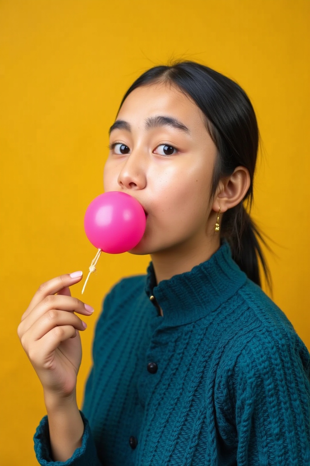 rumsyah, A young asian woman is popping a bright pink bubble gum bubble. She's wearing a chunky, textured teal sweater. The background is a solid, warm mustard yellow, making her pop. The photo's lighting is soft and even, bringing out her skin's natural tones and the shiny bubble gum.,