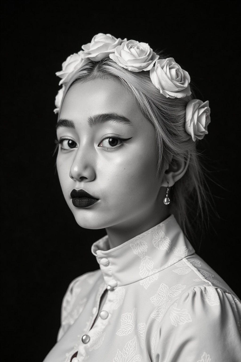monocrome photo, A pale-skinned woman with platinum blonde hair styled in an updo, adorned with a crown of white roses; she wears a high-necked white garment also embellished with white roses, and her makeup features stark black lipstick, creating a dramatic and ethereal mood; the overall effect is one of gothic elegance and otherworldly beauty, High-fashion photography, Fine art portraiture with a gothic/romantic aesthetic, Reference: Tim Walker for the dramatic lighting and surreal elements; Steven Meisel for the high-fashion sensibility, Studio setting, dramatic low-key lighting emphasizing the contrast between the model's pale skin and the dark background; monochromatic color palette of white, black, and gray; sharp focus on the model's face; smooth, almost porcelain-like skin texture; black background; realistic rendering with a slightly surreal and stylized feel,rumsyah,A young asian woman
