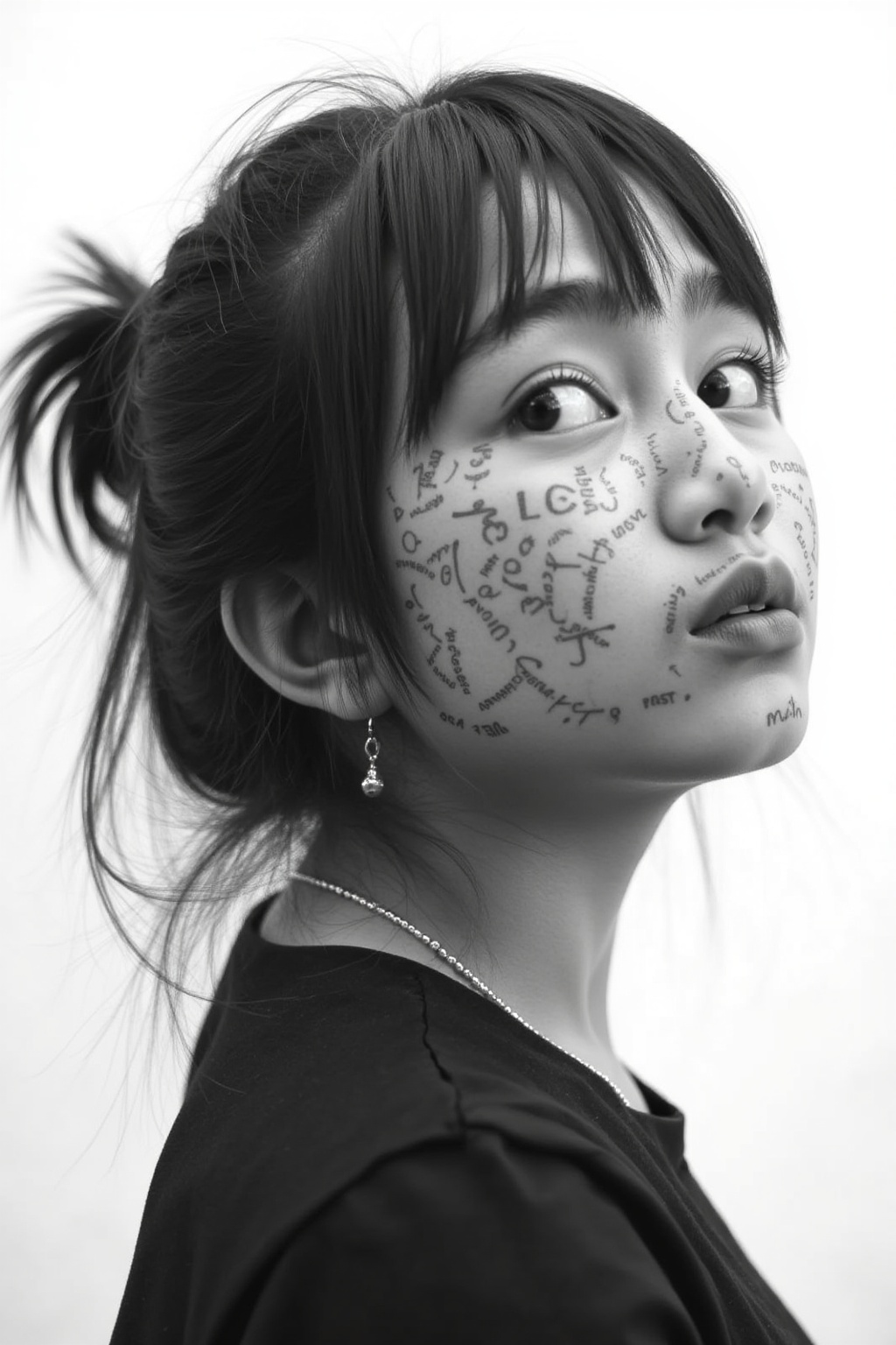 A black-and-white pic of a chick with dark, wild hair and a face covered in a mess of text. Her skin looks smooth and her eyes are wide open, staring off to the side. She's got a neutral expression, with a slight hint of curiosity. The background is plain white, making her face pop. The shot's got a gritty, artsy vibe, mixing fashion and fine art.,rumsyah,A young asian woman