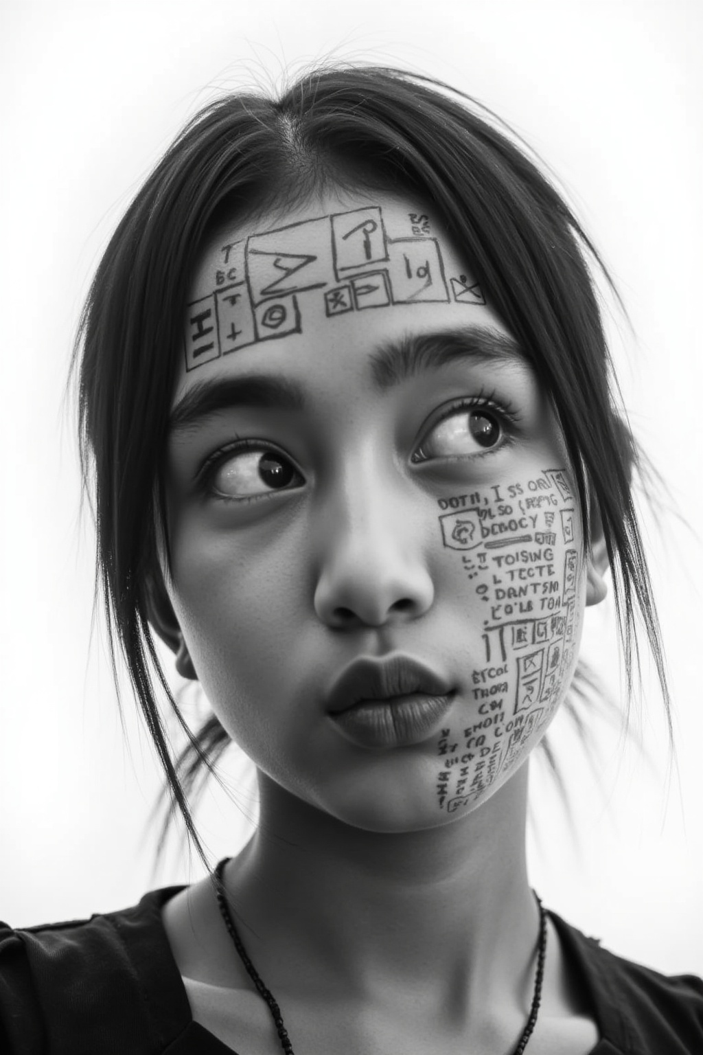 A black-and-white pic of a chick with dark, wild hair and a face covered in a mess of text. Her skin looks smooth and her eyes are wide open, staring off to the side. She's got a neutral expression, with a slight hint of curiosity. The background is plain white, making her face pop. The shot's got a gritty, artsy vibe, mixing fashion and fine art.,rumsyah,A young asian woman