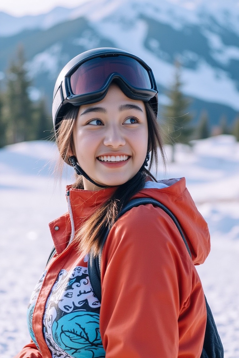 RAW photo, close-up, delicate, best quality, intricate details hyper detail, finely detailed, colorful, 8k uhd, film grain, soft lighting, studio lighting, Fujifilm XT3, photorealistic, soft lighting, photorealistic, Film grain, Film Photography, brown eyes.

At the ski resort, a cute Korean girl BulanSutena is snowboarding wearing ski padding, ski cap and ski goggles. She is also wearing See-throughLingerie under the padding. A little smile.,rumsyah,A young asian woman