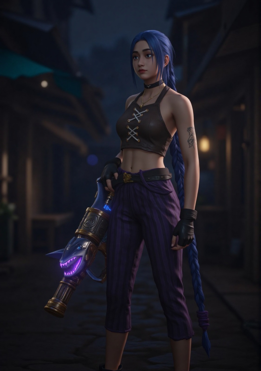 rumsyah, A young asian woman as Jinx stands confidently in a gritty Steampunk/Industrial cityscape, reminiscent of Zaun and Piltover's dark alleys. Her gaze is fierce as she holds a massive steampunk bazooka shaped like a shark, its neon lights pulsating ominously. A brown short vest with white laces forming an 'X' shape adorns her torso, paired with purple striped pants that fall just below the knee. A choker, armbands, and gloves accentuate her industrial chic ensemble. A glowing tattoo on her right body seems to hum with energy. Her long, blue hair flows down her back in two braids, the ends trailing behind her like a river of night. Steampunk belt and accessories glint in the city's dim light, while black shoes with purple laces add a pop of color.jinx\(ArcaneLOL),justart01,