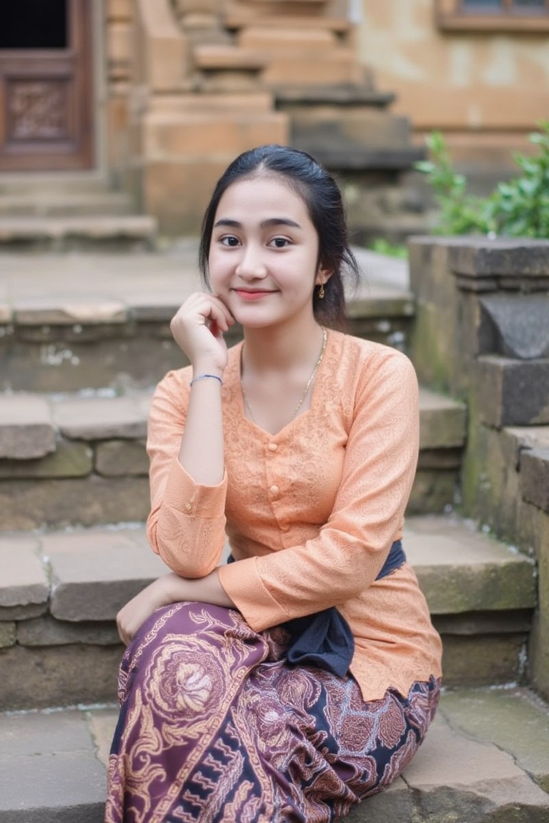 Photograph of a BulanSutena with curly hair in a low bun, dressed in a light orange kebaya, sitting on a staircase at a heritage site, resting her chin on her hand with a playful smile. Behind her, the old stone architecture adds a touch of history to the scene.,rumsyah,A young asian woman