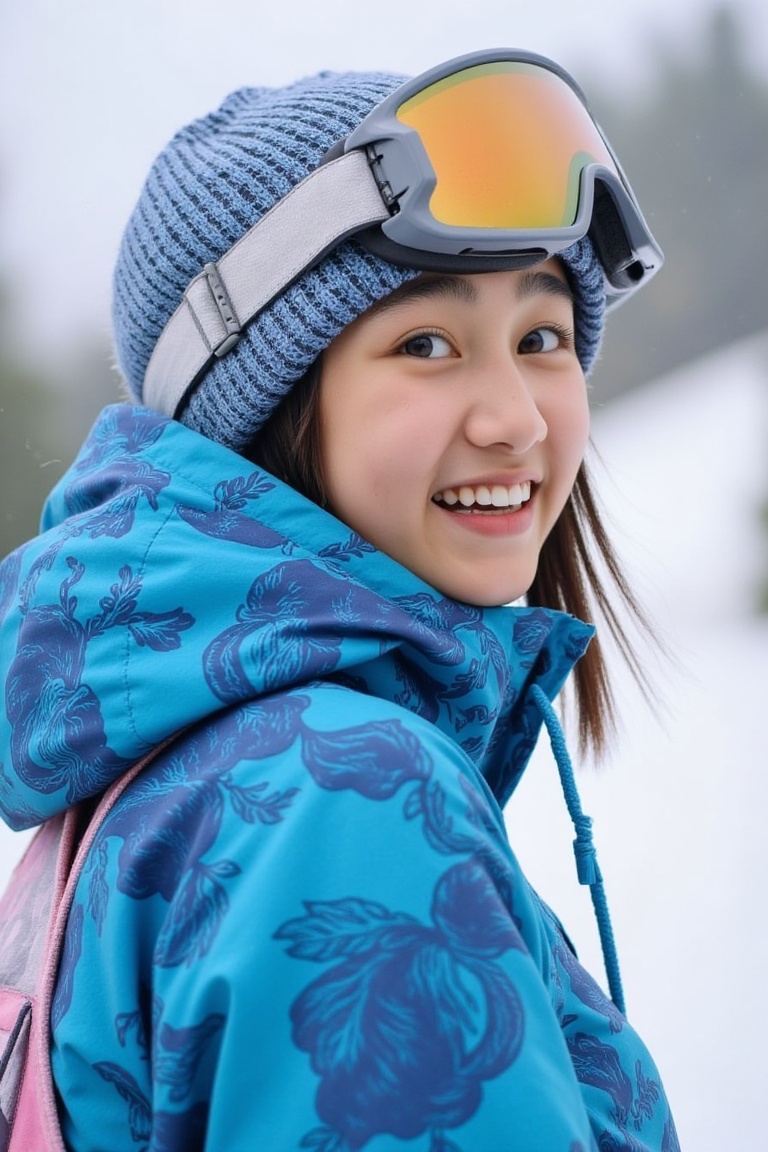 RAW photo, close-up, delicate, best quality, intricate details hyper detail, finely detailed, colorful, 8k uhd, film grain, soft lighting, studio lighting, Fujifilm XT3, photorealistic, soft lighting, photorealistic, Film grain, Film Photography, brown eyes.

At the ski resort, a cute Korean girl BulanSutena is snowboarding wearing ski padding, ski cap and ski goggles. She is also wearing See-throughLingerie under the padding. A little smile.,rumsyah,A young asian woman