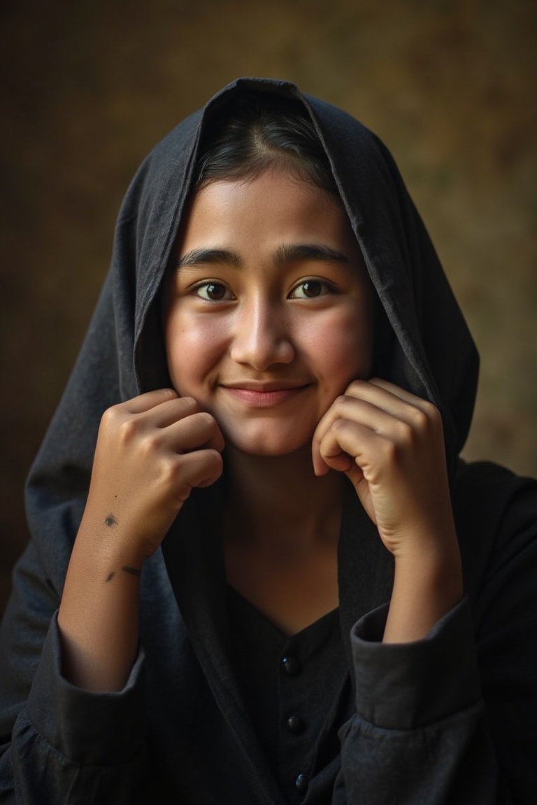 A haunting portrait of a rumsyah 13-year-old poor girl from the 19th century. The framing captures her worn, exhausted expression against a dull, earthy background. Soft, warm lighting emphasizes the redness in her eyes, arched eyebrows, and a half-smile twisted through fatigue. Her thin, dirty hands reach out to grasp the camera lens, as if pleading for connection or escape from her dire circumstances.,