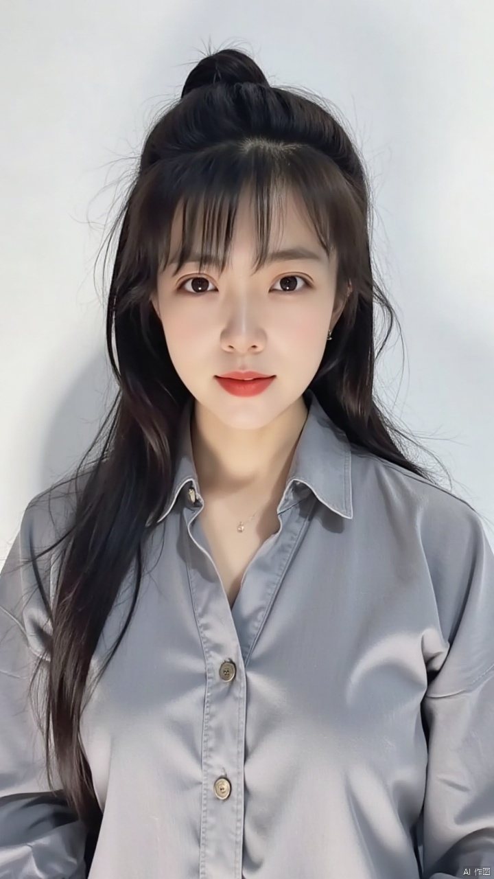 anquili,(medium-sized Asian woman,long dark brown hair,white wall,gray button down shirt,bright red lips,dark brown eyes,loose hair over shoulders,dark brown eyebrows,light pink lips,ponytail,(best quality,4k,8k,highres,masterpiece:1.2),ultra-detailed,realistic,photorealistic,sharp focus,studio lighting,portrait,modern style,subtle shadows,soft highlights,neutral background,calm expression,slight smile,standing pose,front view,even lighting,natural makeup,clear skin,delicate features,refined atmosphere)