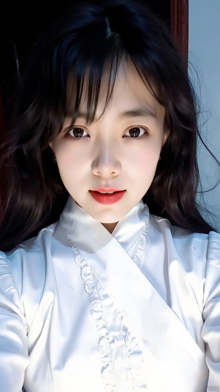 anquili,A close-up shot of a young Asian woman with dark brown eyes and dark brown hair. She is dressed in a white dress with a white blouse that has a ruffled collar. The background is blurred, but it is out of focus. The woman's lips are a vibrant shade of red. Her eyebrows are a darker shade of brown. She has a slight smile on her face, adding a pop of color to her face.