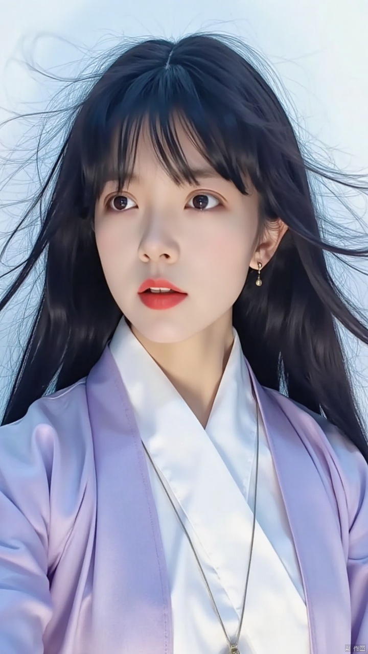anquili,(A close-up shot of a young Asian woman with long black hair,white lined light purple Hanfu robe,light red lipstick on her lips,hair flutters in the wind,facing left,eyes slightly open,wearing a pair of earrings),beautiful detailed eyes,beautiful detailed lips,extremely detailed eyes and face,long eyelashes,(best quality,4k,8k,highres,masterpiece:1.2),ultra-detailed,(realistic,photorealistic,photo-realistic:1.37),HDR,studio lighting,ultra-fine painting,sharp focus,physically-based rendering,extreme detail description,professional,vivid colors,bokeh,traditional Chinese style,soft lighting,pastel tones,ethereal atmosphere,delicate features,graceful pose,serene expression,subtle makeup,flowing fabric,ornate details,portraits,fashion photography
