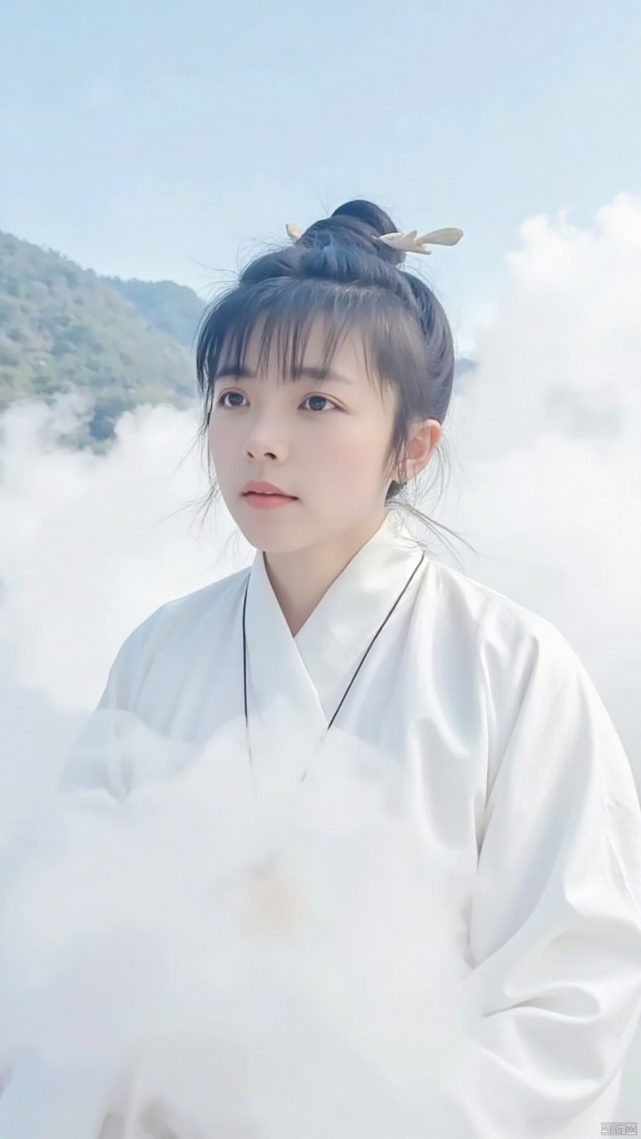 anquili,Chinese portrait photography, featuring ancient style beauties and unparalleled beauties. The lower part of the image is shrouded in white mist, creating a bright environment amidst clouds. Canon camera portrait shooting, 135mm, aperture 1.4, ultra realistic real person post production special effects, long shot,wide shot, A beautiful fairy, white dress, beautiful cheeks, high quality, masterpiece, masterpiece, ultra high definition, 8K