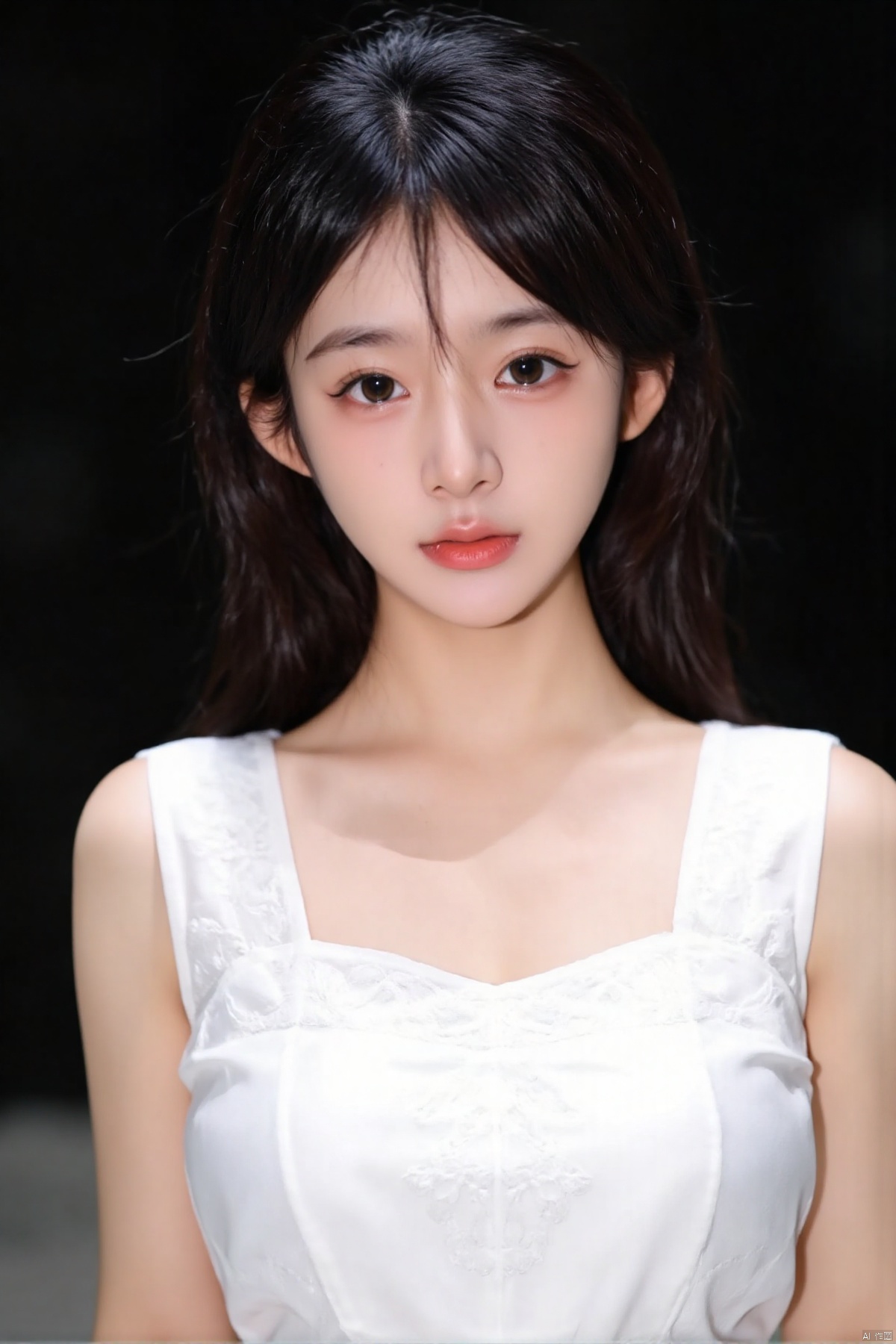 li,a close-up shot of a young Asian woman with dark brown hair and brown eyes. She is wearing a white sleeveless blouse with a low neckline that is adorned with white embroidery. Her hair is pulled back in a ponytail, adding a touch of texture to her face. The backdrop is blurred, creating a stark contrast to the woman's white dress.,