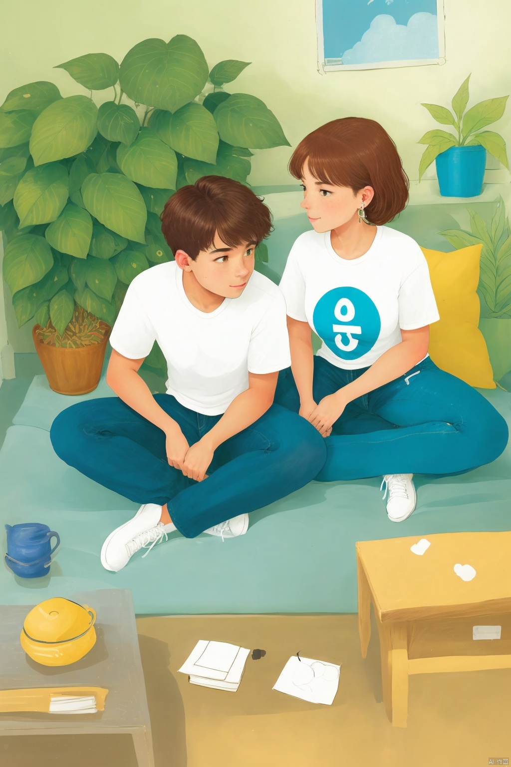 A cartoon drawing of a boy and girl sitting on a white couch. The boy is wearing a white t-shirt with blue letters on it. He has short brown hair and a white smile on his face. The girl has long brown hair, a yellow shirt and blue jeans. She is holding a black game controller in her hands. She has long white earrings in her ears. Her hair is pulled back in a ponytail. Her jeans are blue and her shoes are white with white laces. Behind her is a plant with green leaves.,

