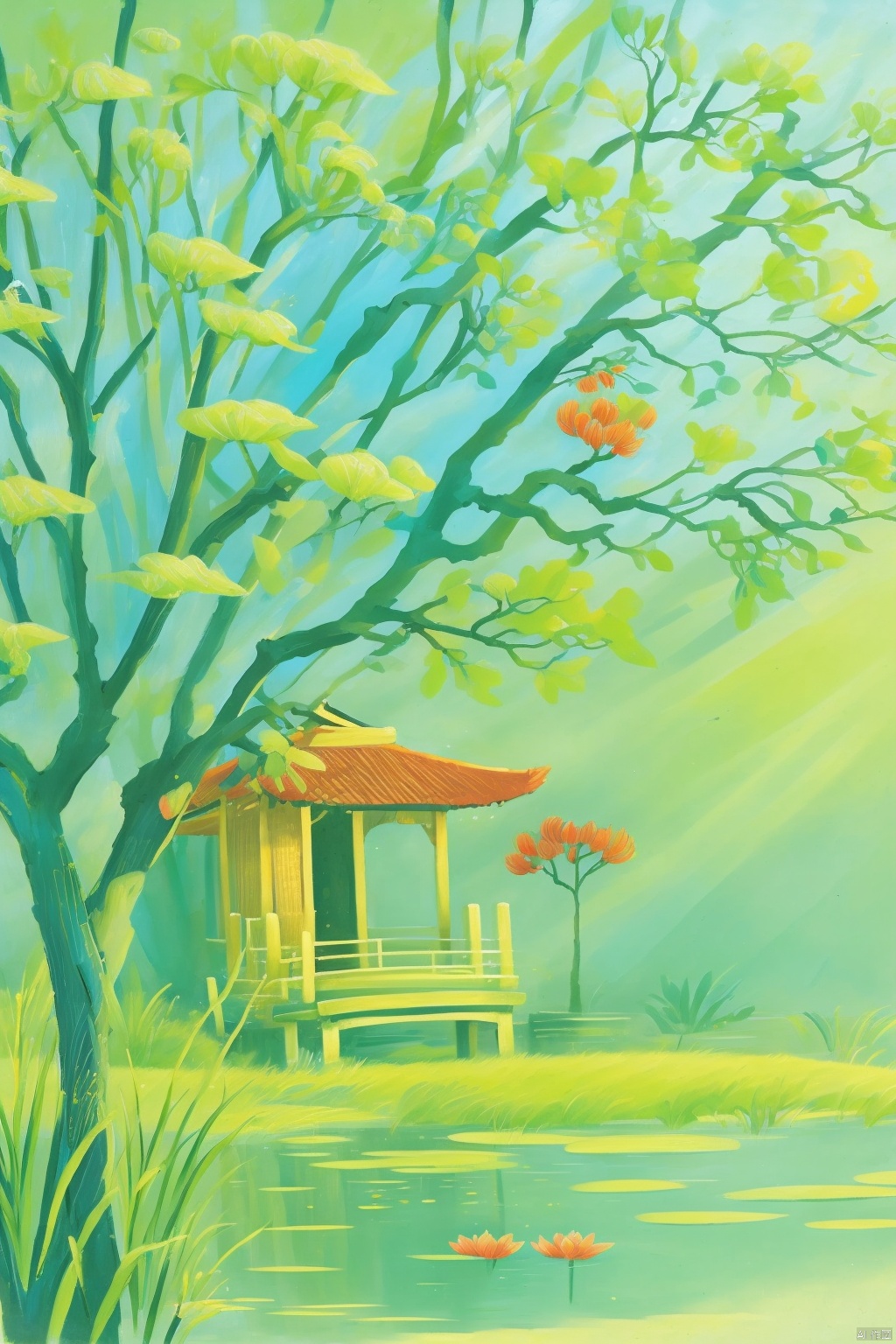 Chinese architecture,impressionist painting,water lilies,pond,willow trees,pagoda,bridge,flowering shrubs,reflected light,serene,tranquil atmosphere,serene,lush vegetation,vibrant colors,blue hue,artistic brushstrokes,outdoor landscape,