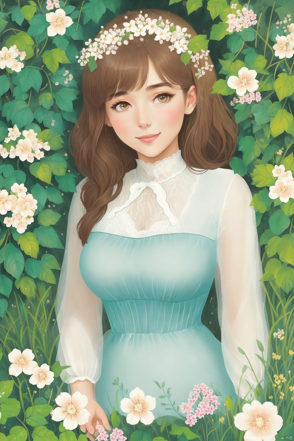 1girl,brown eyes,front bust,solo,portrait,eyelashes,lace blouse,outdoor setting,playful,white flowers in the background,daytime,subtle makeup,gentle smile,tiffany blue tones,