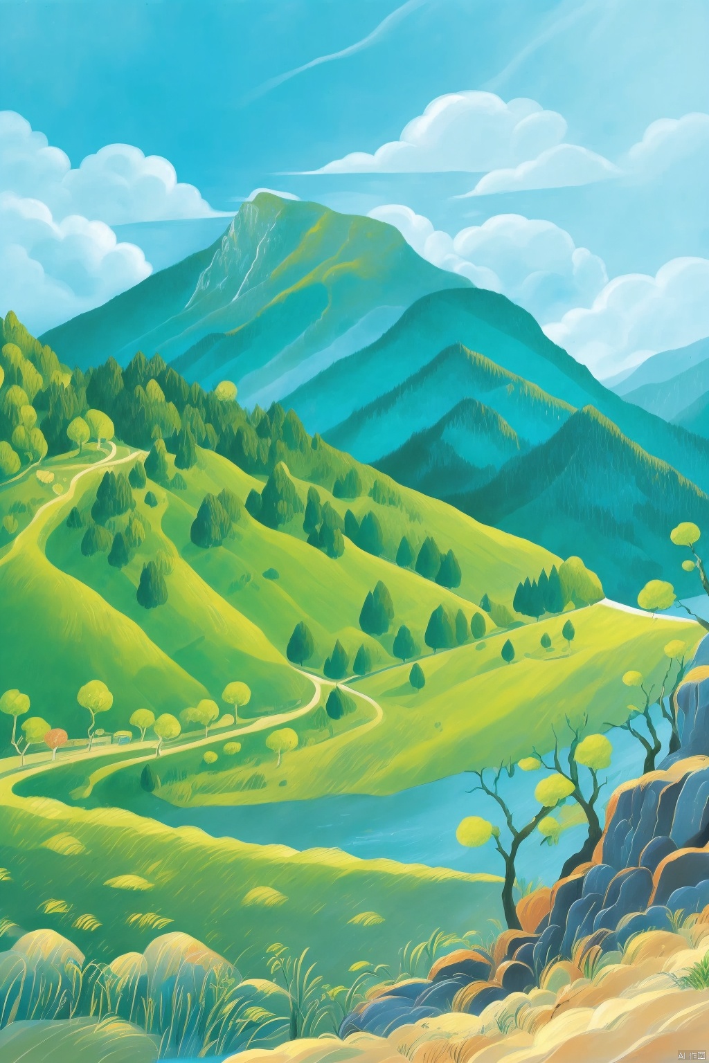 Masterpiece, best quality, 8K,HDR,(ultra-detailed original illustration: 1.3), Master's work, masterpiece, antique, cloud,mountain,scenery,outdoors,sky,sitting,cloudy sky,tree,solo,architecture,water,monkeys,cuprite,malachite green,Blue copper ore
