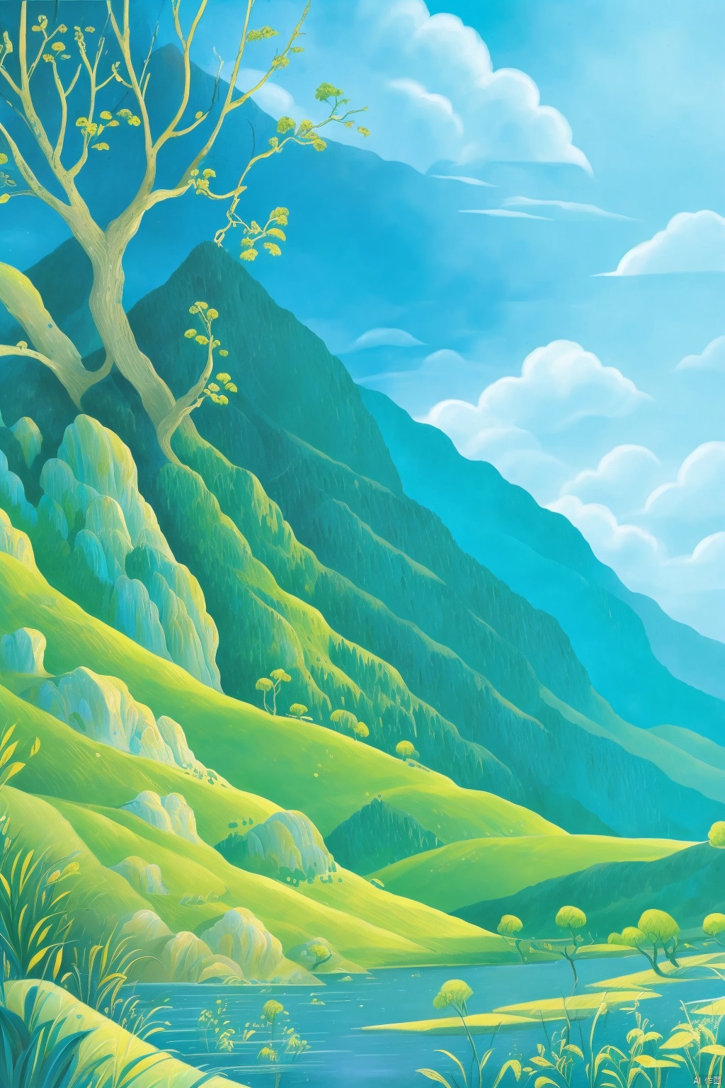 Masterpiece, best quality, 8K,HDR,(ultra-detailed original illustration: 1.3), Master's work, masterpiece, antique, cloud,mountain,scenery,outdoors,sky,sitting,cloudy sky,tree,solo,architecture,water,monkeys,cuprite,malachite green,Blue copper ore
