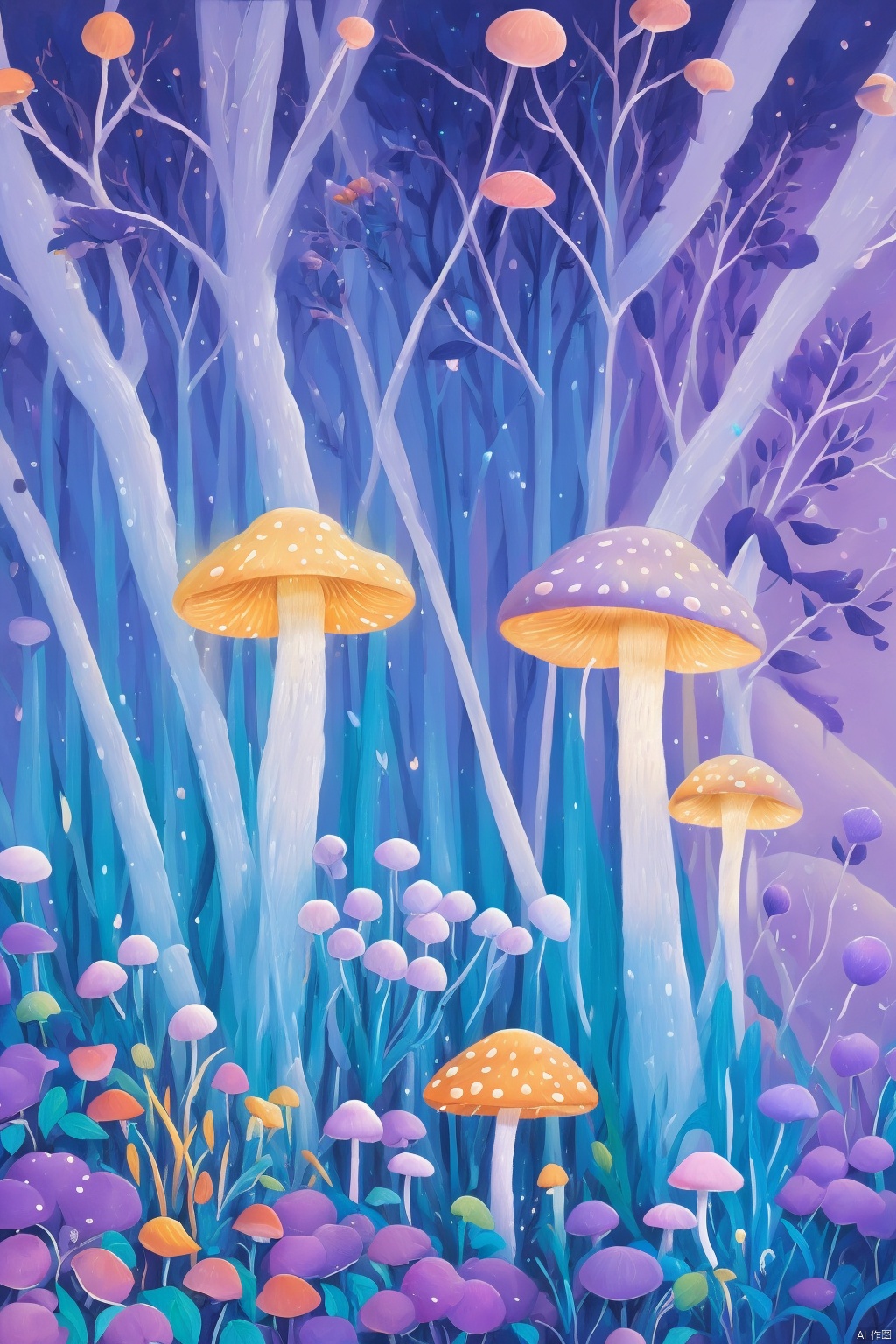 Dense mushrooms, of different heights, will shine,Gleaming mushrooms,illusion,colorful,purple,blue,rose hermosa,Dream scene,