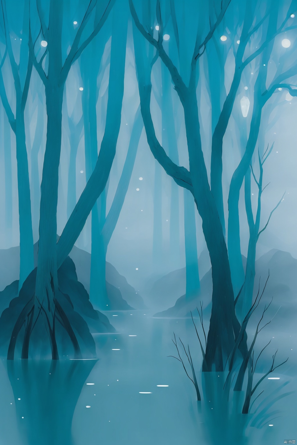 A misty river scene, its banks lined with ancient trees rendered . The mist-shrouded river reflects the pale moon, creating an eerie, almost supernatural beauty. A single figure, a faint silhouette of a boatman, is barely visible on the river.