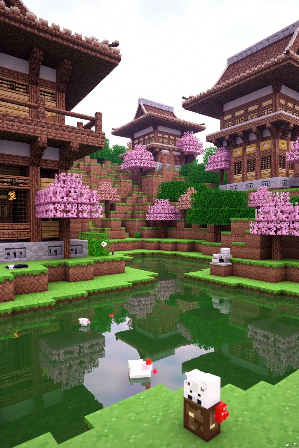 Minecraft is the style of this game ,A serene scene in a Minecraft-inspired Japanese garden, featuring traditional architecture and vibrant cherry blossoms.