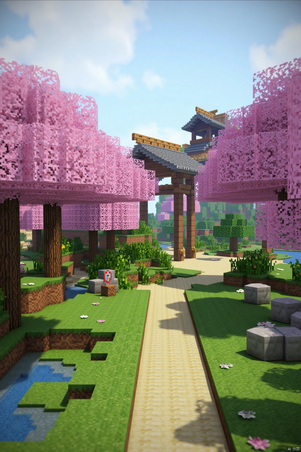 Minecraft is the style of this game ,A serene scene in a Minecraft-inspired Japanese garden, featuring traditional architecture and vibrant cherry blossoms.