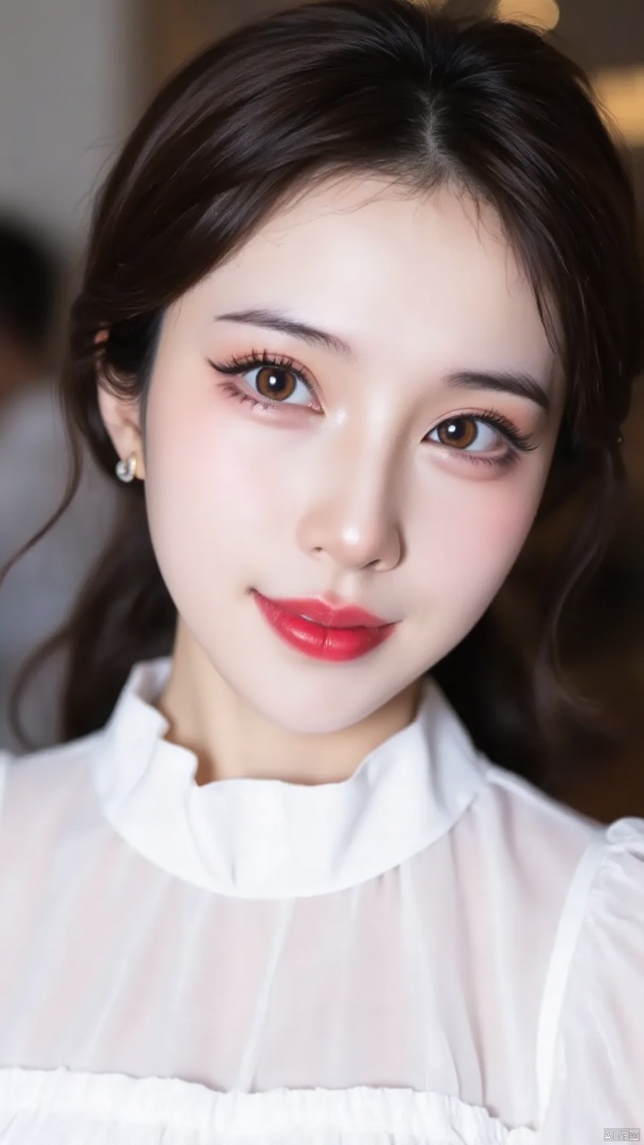 jiuyue,A close-up shot of a young Asian woman with dark brown eyes and dark brown hair. She is dressed in a white dress with a white blouse that has a ruffled collar. The background is blurred, but it is out of focus. The woman's lips are a vibrant shade of red. Her eyebrows are a darker shade of brown. She has a slight smile on her face, adding a pop of color to her face.