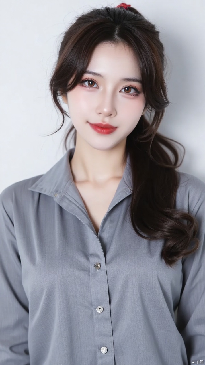 jiuyue,(medium-sized Asian woman,long dark brown hair,white wall,gray button down shirt,bright red lips,dark brown eyes,loose hair over shoulders,dark brown eyebrows,light pink lips,ponytail,(best quality,4k,8k,highres,masterpiece:1.2),ultra-detailed,realistic,photorealistic,sharp focus,studio lighting,portrait,modern style,subtle shadows,soft highlights,neutral background,calm expression,slight smile,standing pose,front view,even lighting,natural makeup,clear skin,delicate features,refined atmosphere)