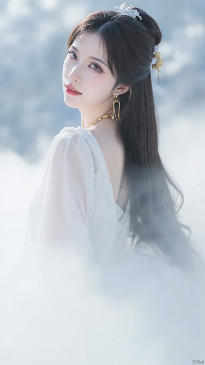 jiuyue,Chinese portrait photography, featuring ancient style beauties and unparalleled beauties. The lower part of the image is shrouded in white mist, creating a bright environment amidst clouds. Canon camera portrait shooting, 135mm, aperture 1.4, ultra realistic real person post production special effects, long shot,wide shot, A beautiful fairy, white dress, beautiful cheeks, high quality, masterpiece, masterpiece, ultra high definition, 8K