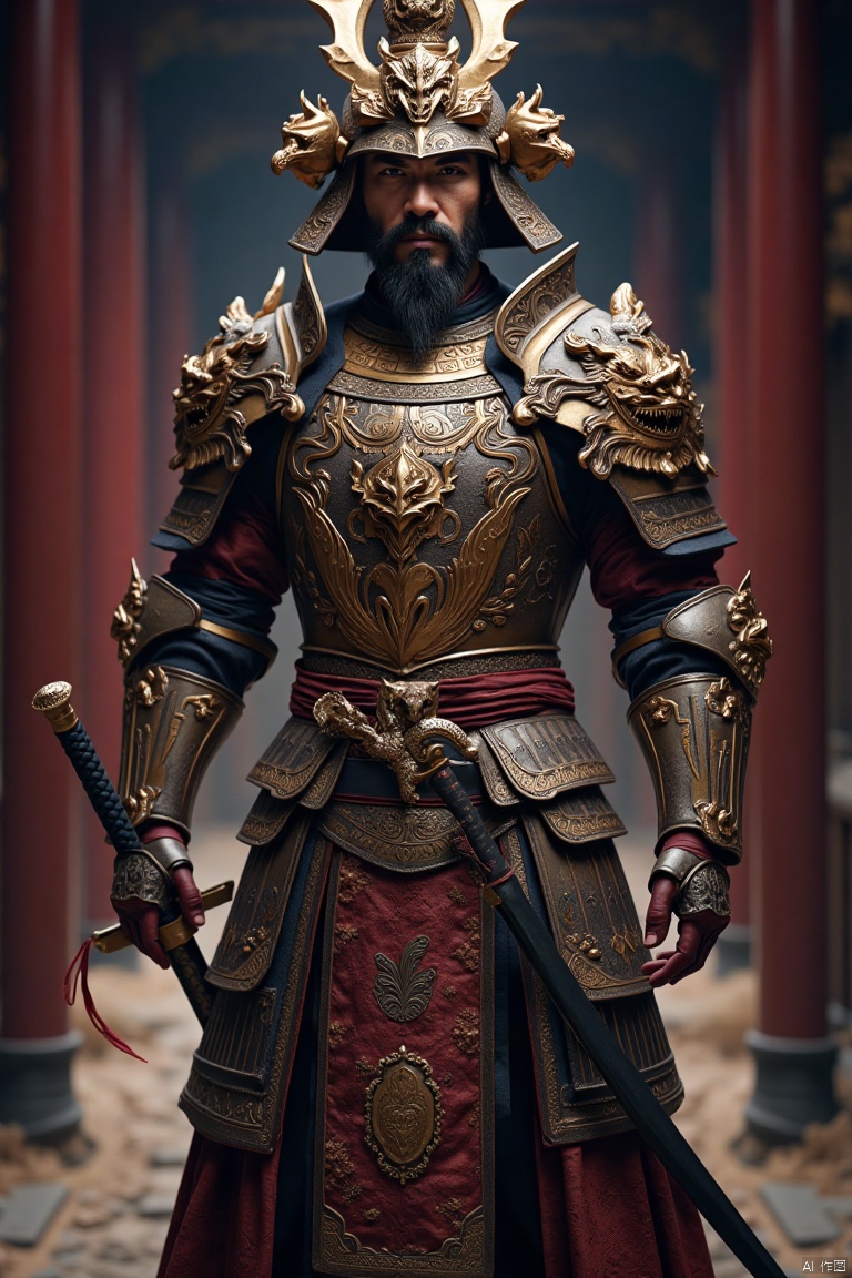 A full-body shot of a handsome, muscular Chinese man wearing a traditional Chinese ancient armor without a helmet, revealing his face. The armor is intricately detailed, featuring dragon motifs and intricate patterns, polished to a shine. The man stands confidently with a determined expression, one hand resting on the hilt of a sheathed sword. The scene is illuminated by a soft, warm light, casting dramatic shadows on the armor. The background is a dimly lit ancient Chinese palace corridor, adding to the historical atmosphere.