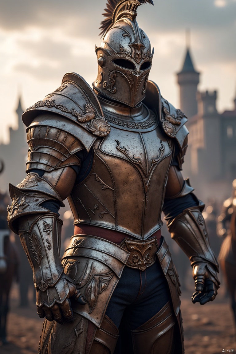 A full-body shot of a handsome, muscular male warrior wearing a sleek, medieval-style plate armor without a helmet. The armor is composed of polished metal plates, highlighting his strong physique. Soft, natural light bathes the scene, casting subtle shadows that emphasize the warrior's rugged features and powerful stance. The composition captures the warrior in a dynamic, confident pose, standing tall and exuding strength. The background is a medieval battlefield, with distant castles and a dramatic sky, emphasizing the warrior's role in the epic struggle.