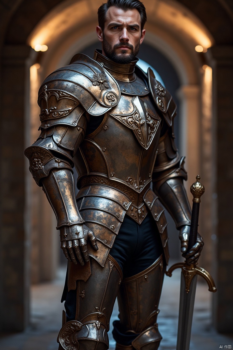 A full-body shot of a handsome, muscular man wearing a medieval-style plate armor without a helmet, revealing his face. The armor is intricately detailed, polished to a shine, and covers his torso, arms, and legs. The man stands confidently with a determined expression, one hand resting on the hilt of a sheathed sword. The scene is illuminated by a soft, warm light, casting dramatic shadows on the armor. The background is a dimly lit stone corridor, adding to the medieval atmosphere.