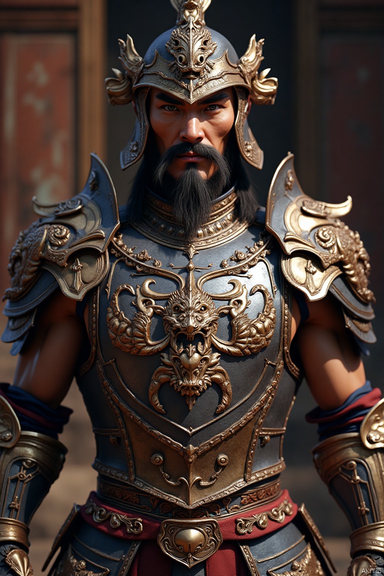 A detailed close-up shot of a handsome, muscular male warrior wearing intricately designed ancient Chinese armor without a helmet. The armor features ornate dragon motifs and polished metal plates, highlighting his strong physique. Soft, warm light illuminates the scene, casting dramatic shadows that emphasize the detailed engravings and the warrior's imposing presence. The composition captures the warrior in a dynamic, confident pose, exuding strength and protection. The background is blurred, focusing attention on the warrior's powerful form and the grandeur of the armor.