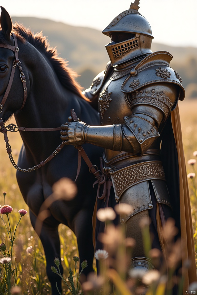A knight in intricate, polished armor stands beside a black horse, gently holding the reins. The horse's coat is glossy, reflecting the soft sunlight. The knight's armor is detailed, with intricate designs and a flowing cape. The scene is set in a serene meadow, with wildflowers and a gentle breeze. The composition is balanced, with the knight and horse in the foreground, framed by the natural landscape. The lighting is warm and inviting, highlighting the bond between the knight and his steed.
