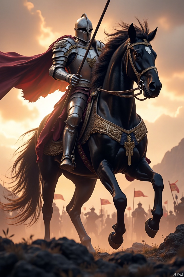 A majestic black horse stands tall, its mane flowing in the wind. A knight in shining armor, holding a lance, sits proudly on its back. The scene is set in a medieval battlefield, with the sun setting in the background, casting a golden glow. The knight's cape flutters dramatically, and the horse's muscles are tense, ready for action. The composition is dynamic, with the horse and rider in the center, framed by the rugged landscape.