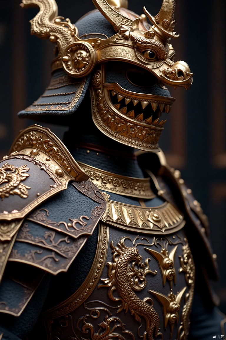 A detailed close-up shot of intricately designed ancient Chinese armor, featuring ornate dragon motifs and polished metal plates. The armor is illuminated by soft, warm light, casting dramatic shadows that highlight the craftsmanship. The composition emphasizes the detailed engravings and the overall grandeur of the armor, capturing its imposing presence. The armor is depicted in a static, upright pose, exuding strength and protection.