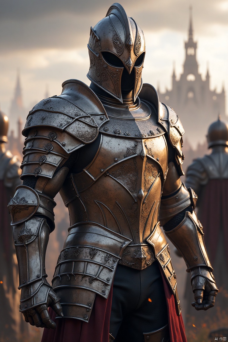 A full-body shot of a handsome, muscular male warrior wearing a sleek, medieval-style plate armor without a helmet, revealing his chiseled face. The armor is composed of polished metal plates, highlighting his strong physique. Soft, natural light bathes the scene, casting subtle shadows that emphasize the warrior's rugged features and powerful stance. The composition captures the warrior in a dynamic, confident pose, standing tall and exuding strength. The background is a medieval battlefield, with distant castles and a dramatic sky, emphasizing the warrior's role in the epic struggle.