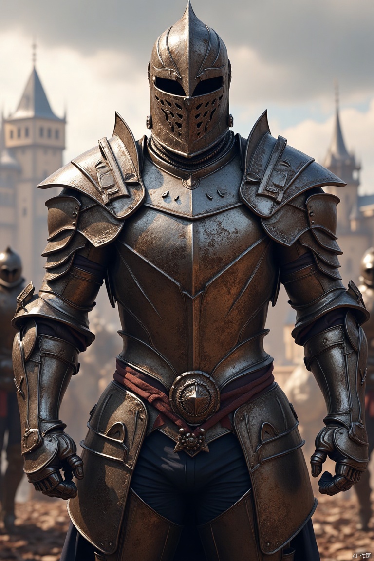 A full-body shot of a handsome, muscular male warrior wearing a sleek, medieval-style plate armor without a helmet, revealing his chiseled face. The armor is composed of polished metal plates, highlighting his strong physique. Soft, natural light bathes the scene, casting subtle shadows that emphasize the warrior's rugged features and powerful stance. The composition captures the warrior in a dynamic, confident pose, standing tall and exuding strength. The background is a medieval battlefield, with distant castles and a dramatic sky, emphasizing the warrior's role in the epic struggle.