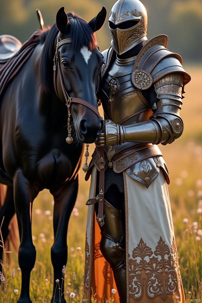 A knight in intricate, polished armor stands beside a black horse, gently holding the reins. The horse's coat is glossy, reflecting the soft sunlight. The knight's armor is detailed, with intricate designs and a flowing cape. The scene is set in a serene meadow, with wildflowers and a gentle breeze. The composition is balanced, with the knight and horse in the foreground, framed by the natural landscape. The lighting is warm and inviting, highlighting the bond between the knight and his steed.