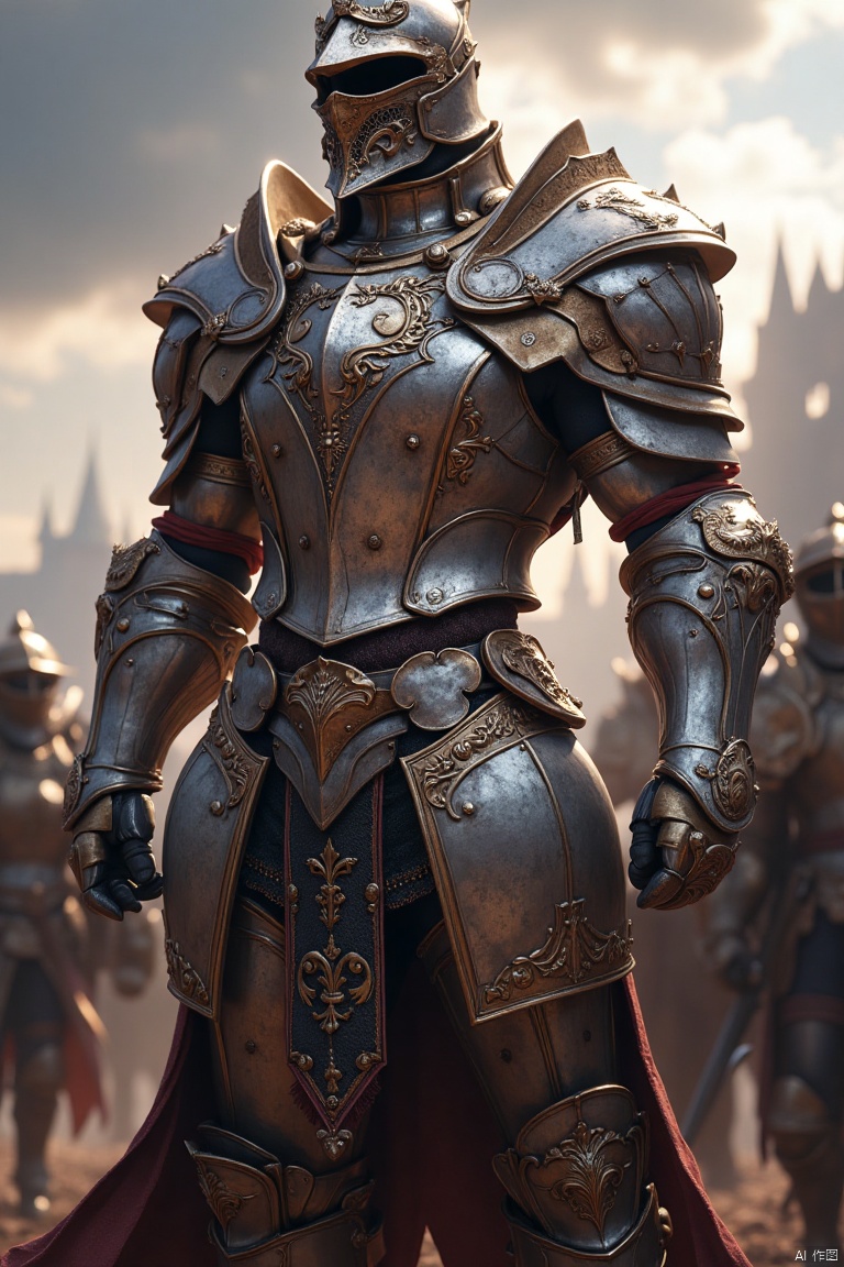 A full-body shot of a handsome, muscular male warrior wearing a sleek, medieval-style plate armor without a helmet. The armor is composed of polished metal plates, highlighting his strong physique. Soft, natural light bathes the scene, casting subtle shadows that emphasize the warrior's rugged features and powerful stance. The composition captures the warrior in a dynamic, confident pose, standing tall and exuding strength. The background is a medieval battlefield, with distant castles and a dramatic sky, emphasizing the warrior's role in the epic struggle.