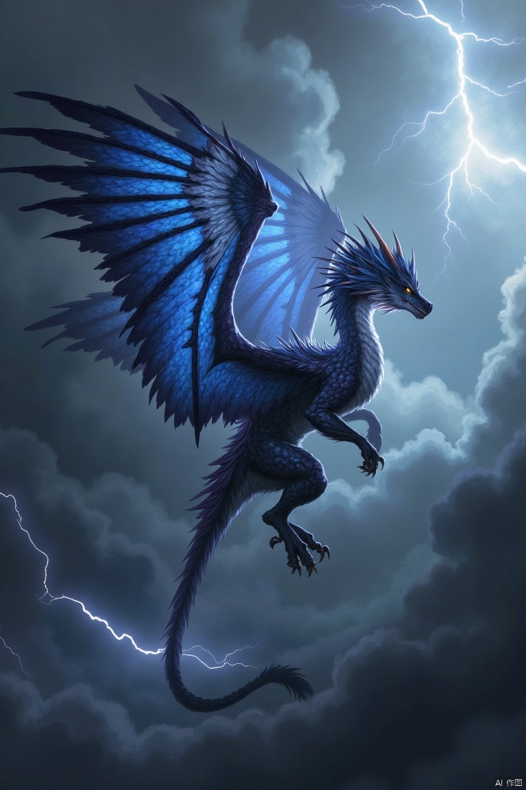 A majestic Western dragon with feathered wings, soaring through a stormy sky. The dragon's scales shimmer with iridescent colors, blending seamlessly with its bird-like feathers. The scene is framed mid-air, with lightning illuminating the dragon's powerful form. The composition highlights the dragon's graceful yet fierce pose, as it glides effortlessly through the turbulent clouds. The background features dark, swirling clouds and distant lightning strikes, emphasizing the dragon's mythical presence.