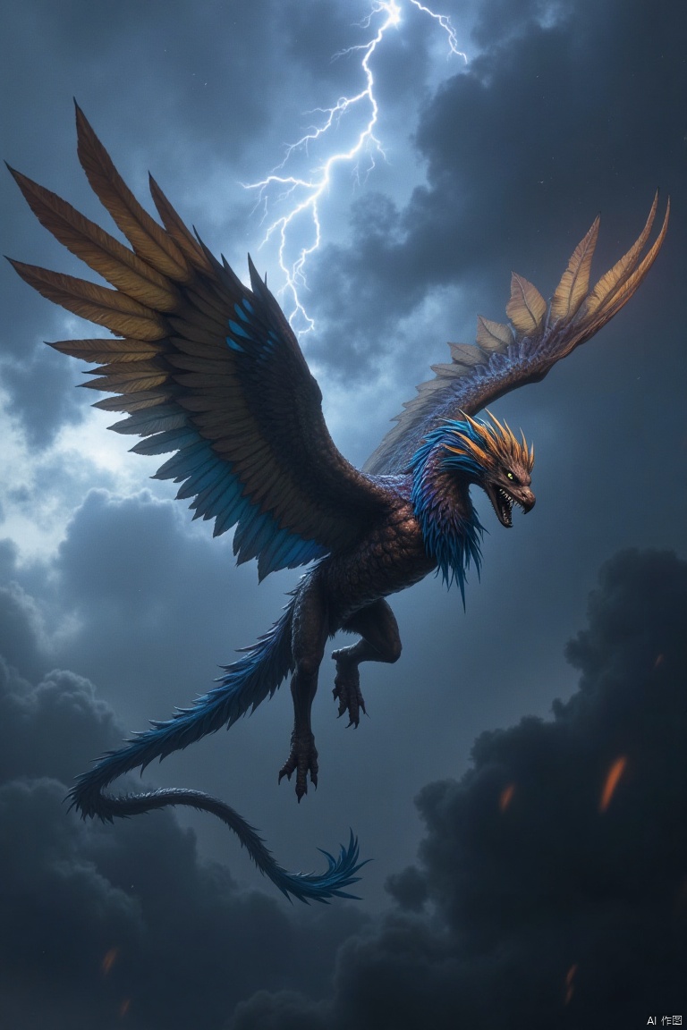 A majestic Western dragon with feathered wings, soaring through a stormy sky. The dragon's scales shimmer with iridescent colors, blending seamlessly with its bird-like feathers. The scene is framed mid-air, with lightning illuminating the dragon's powerful form. The composition highlights the dragon's graceful yet fierce pose, as it glides effortlessly through the turbulent clouds. The background features dark, swirling clouds and distant lightning strikes, emphasizing the dragon's mythical presence.