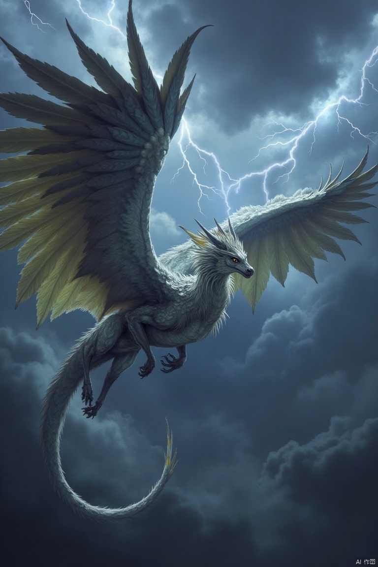 A majestic Western dragon with feathered wings, soaring through a stormy sky. The dragon's scales shimmer with iridescent colors, blending seamlessly with its bird-like feathers. The scene is framed mid-air, with lightning illuminating the dragon's powerful form. The composition highlights the dragon's graceful yet fierce pose, as it glides effortlessly through the turbulent clouds. The background features dark, swirling clouds and distant lightning strikes, emphasizing the dragon's mythical presence.