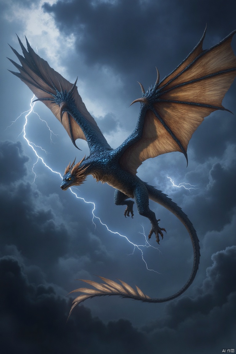 A majestic Western dragon with feathered wings, soaring through a stormy sky. The dragon's scales shimmer with iridescent colors, blending seamlessly with its bird-like feathers. The scene is framed mid-air, with lightning illuminating the dragon's powerful form. The composition highlights the dragon's graceful yet fierce pose, as it glides effortlessly through the turbulent clouds. The background features dark, swirling clouds and distant lightning strikes, emphasizing the dragon's mythical presence.
