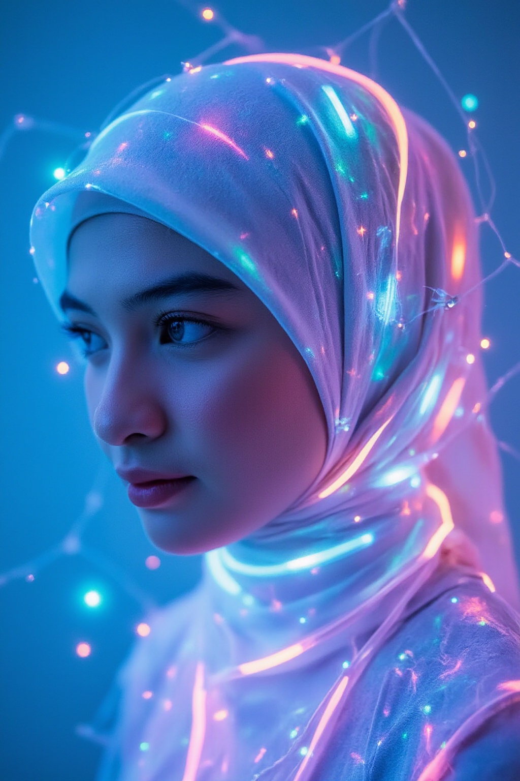 A close-up portrait of a woman SalsabilaKholiq with neon glow hijab in shades of teal,  purple,  and pink. The white hijab...