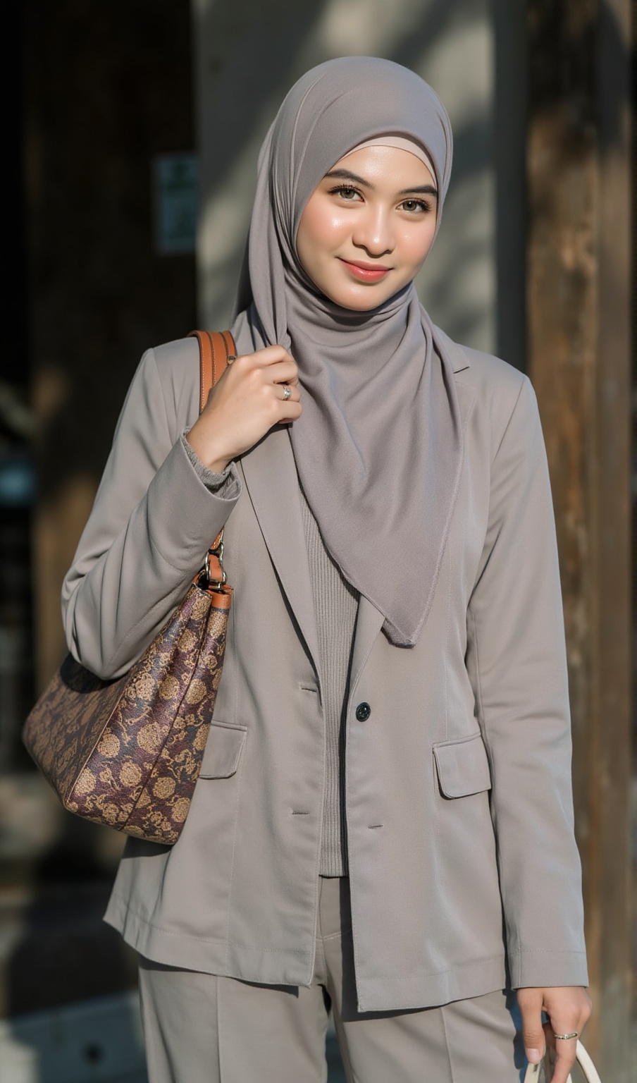 RAW Image of a young SalsabilaKholiq wearing gray hijab in an bottom doen slimfit elegant suit,  randomly colored,  pickin...