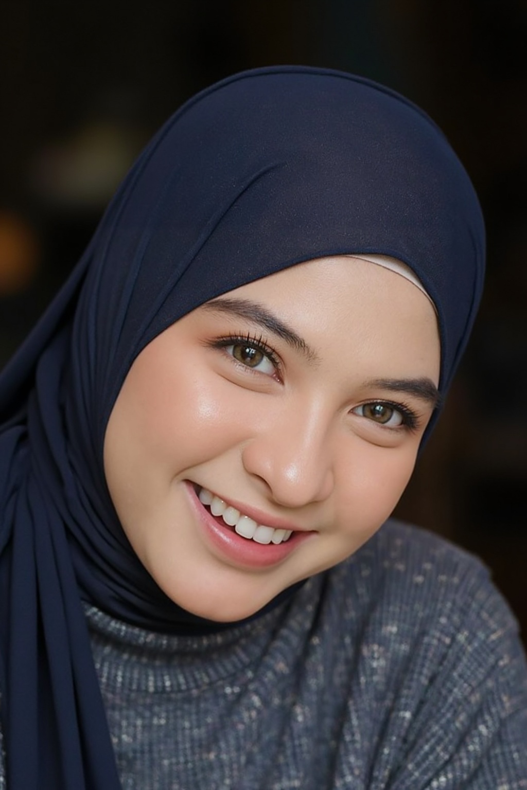 A close-up photo of SalsabilaKholiq with navy hijab. She is looking at the viewer with bright and loving eyes,  grin with...